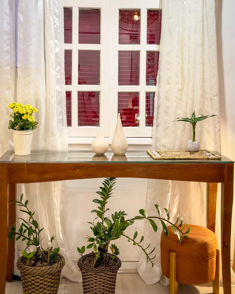 Aparador de madeira diante de uma janela, com vasos, plantas e banco caramelo.
